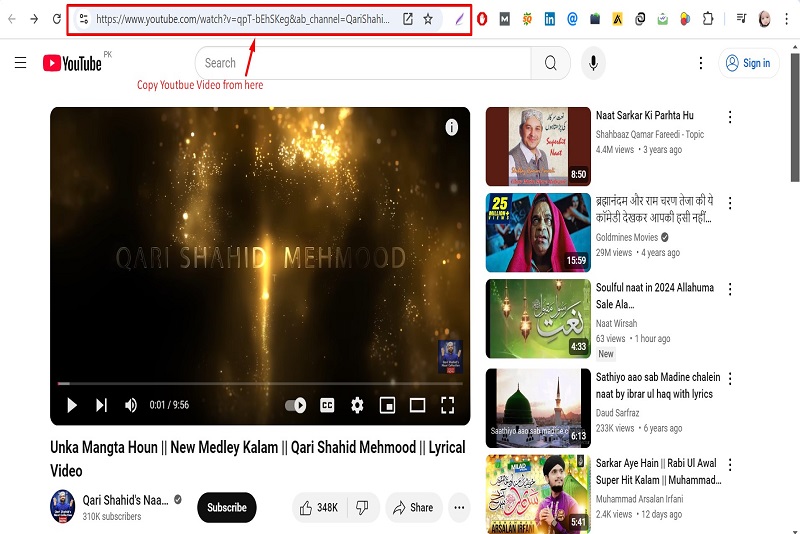 Copy the YouTube video link from the URL bar