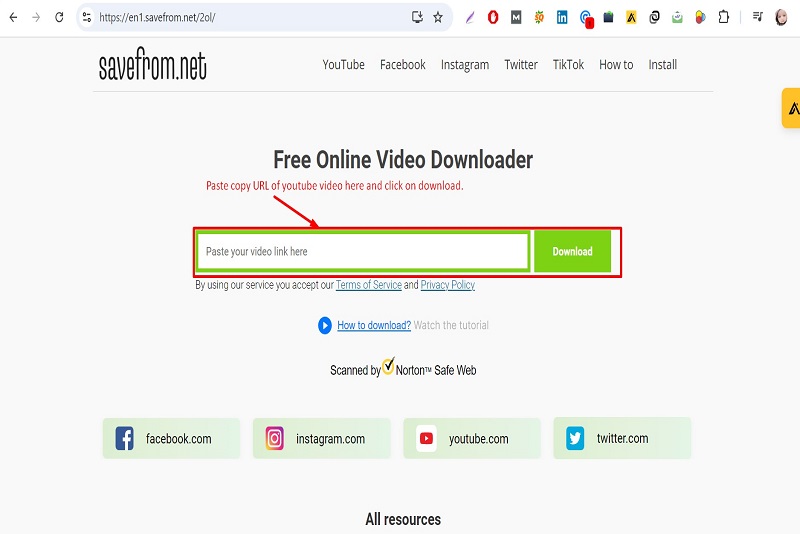 Paste copy url of youtube video in the savefrom.net search bar and click the download button